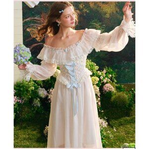 Womens 1XL Romantic Elegant Lace & Tulle Off-Shoulder Corset Dress Floral Detail